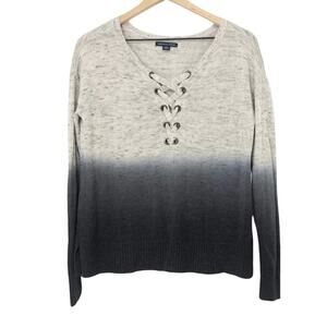 American Eagle gray to navy blue ombré lace up V-neck sweater Small